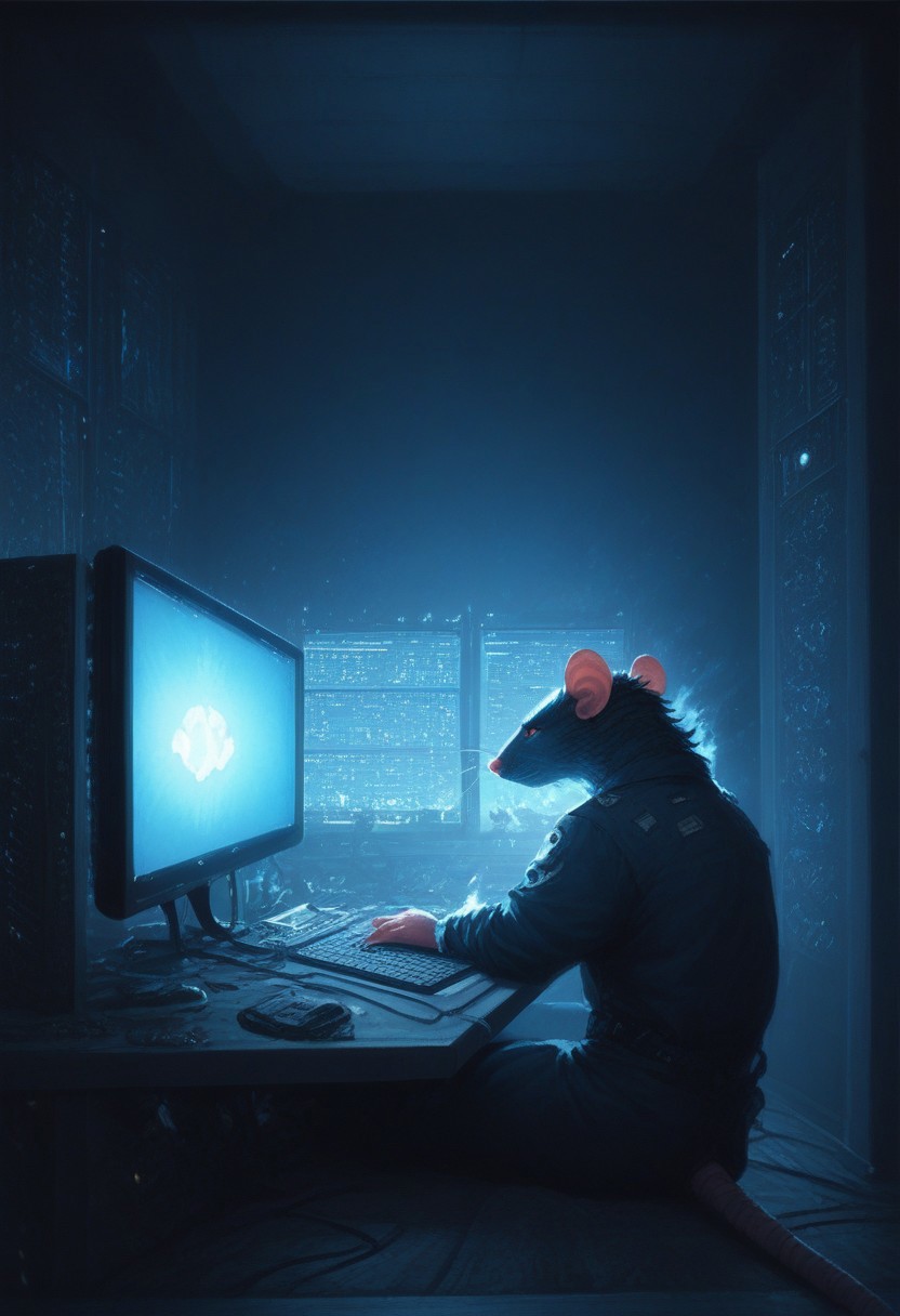 score_9, score_8_up, score_7_up, (server room: 1.2), (burning room: 1.2), rat wearing mechanic outfit, rat sitting at computer screen