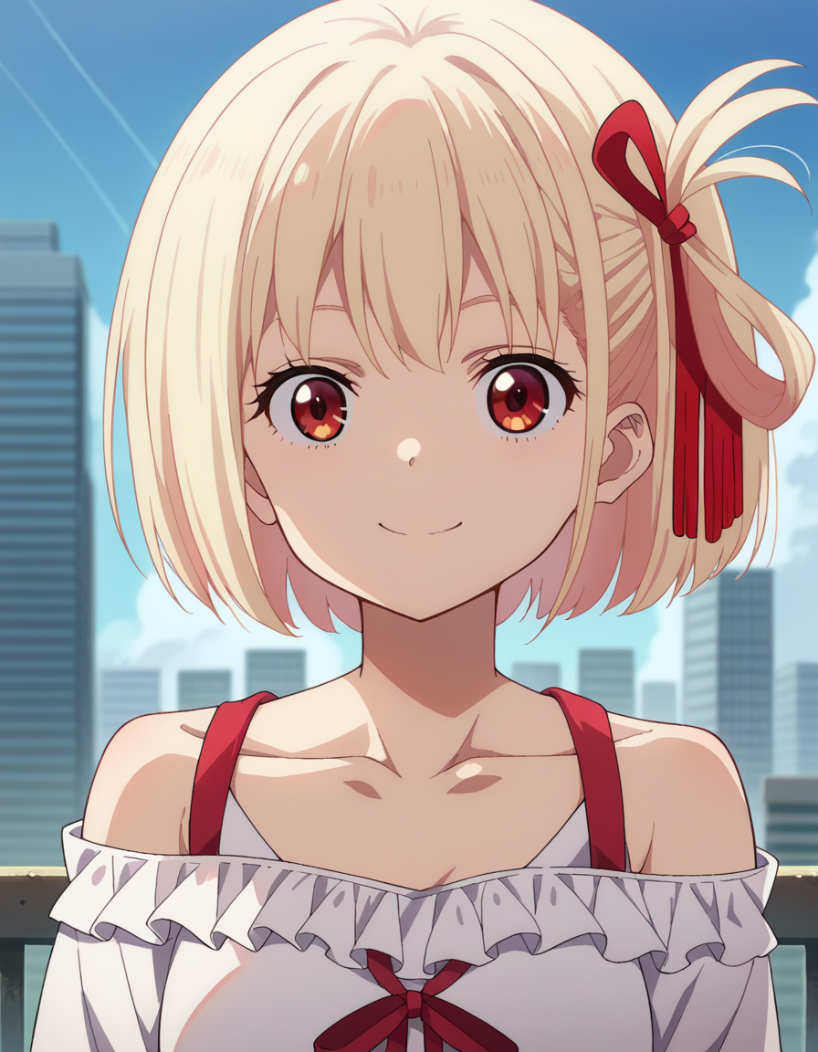score_9, score_8_up, score_7_up, source_anime,
chisatonishikigi, <lora:chisato-nishikigi-s1-ponyxl-lora-nochekaiser:1>,
chisato nishikigi, short hair, bangs, blonde hair, red eyes, hair ribbon, one side up, bob cut,
shirt, bare shoulders, twintails, collarbone, hair ribbon, white shirt, frills, off shoulder, red ribbon, short twintails, off-shoulder shirt, frilled shirt,
outdoors, cityscape, smile,
looking at viewer, dutch angle, cowboy shot,