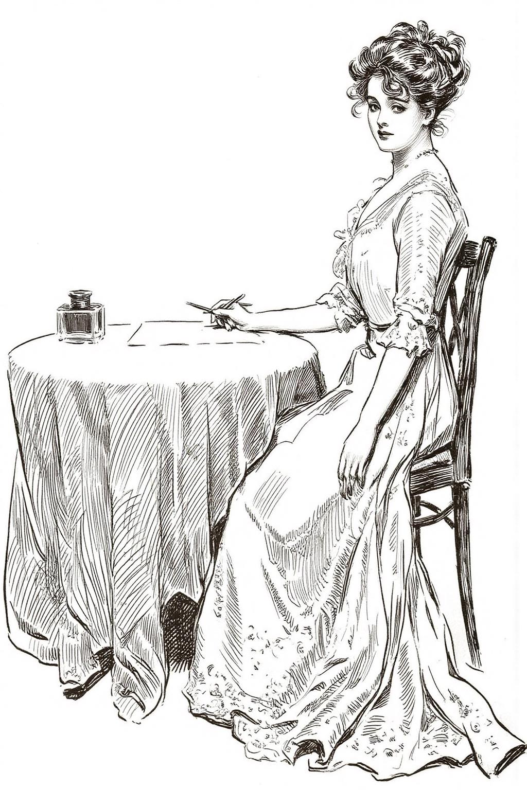 charlesdgibson1 color illustration.
On the right is a young woman sitting at a round table. She is dressed in an elegant, flowing gown with intricate lace and embroidery. Her hair is styled in an updo with a few loose strands framing her face. She is turning her head slightly to look at the viewer. She holds a pen in her hand, which is resting on the table on top of a piece of paper beside an ink bottle. <lora:charlesdgibson1_cap_d8a4:1.0><lora:840202105684975880:0>