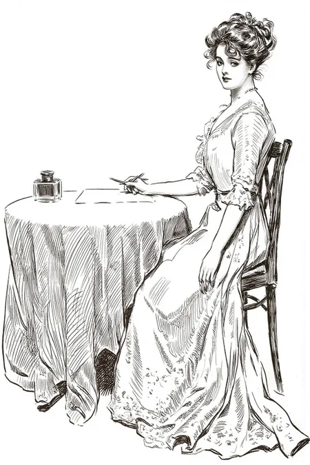 charlesdgibson1 color illustration.
On the right is a young woman sitting at a round table. She is dressed in an elegant, flowing gown with intricate lace and embroidery. Her hair is styled in an updo with a few loose strands framing her face. She is turning her head slightly to look at the viewer. She holds a pen in her hand, which is resting on the table on top of a piece of paper beside an ink bottle. <lora:charlesdgibson1_cap_d8a4:1.0><lora:840202105684975880:0>