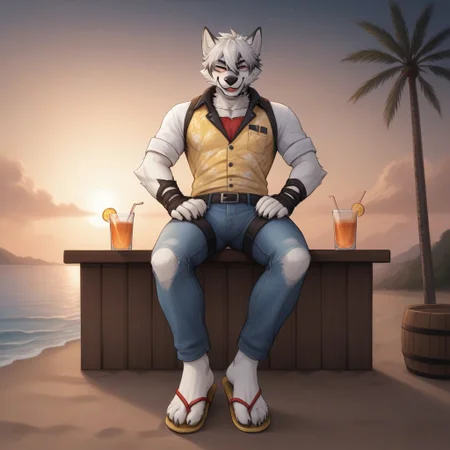 (((Barefoot furry character, full body, cinematic setting, furry male, plantigrade)))
(((front view from below))) on Von Lycaon, muscular white wolf, in a (((yellow Hawaiian shirt))) with green or purple pattern, (((wearing long blue torned jeans))), goth accessories on outfit, nice feet paws with four toes and claws, feet towards the viewer, feet POV, (((brown flip-flops))), (((shoeplay))), (((his feet playing with flip-flops))), (((one bare foot))), dynamic pose, smile, drinks whiskey, drunk, sleepy, on beach, near beach bar, (((night))), (((outdoors))), focus on feet paws,
BREAK, intricate details, highly detailed, extreme detail, octane render, fine art, best quality, highres, (detailed face:1.5), ((full_body)), UHD, (((perfect hands))), low light, anime