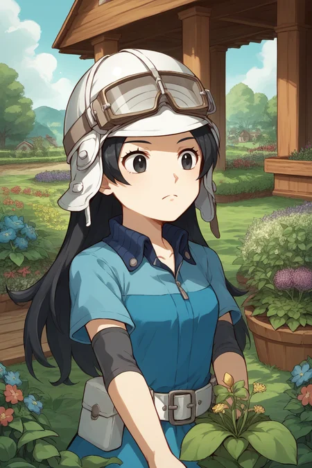 source_anime, score_9, score_8_up, 1girl, solo, <lora:zs_AsahiXL:1> asahismtiva, long hair, black hair, helmet, goggles on head, elbow pads, belt, dress, garden, wooden house, fairy tale, gardening, flowers