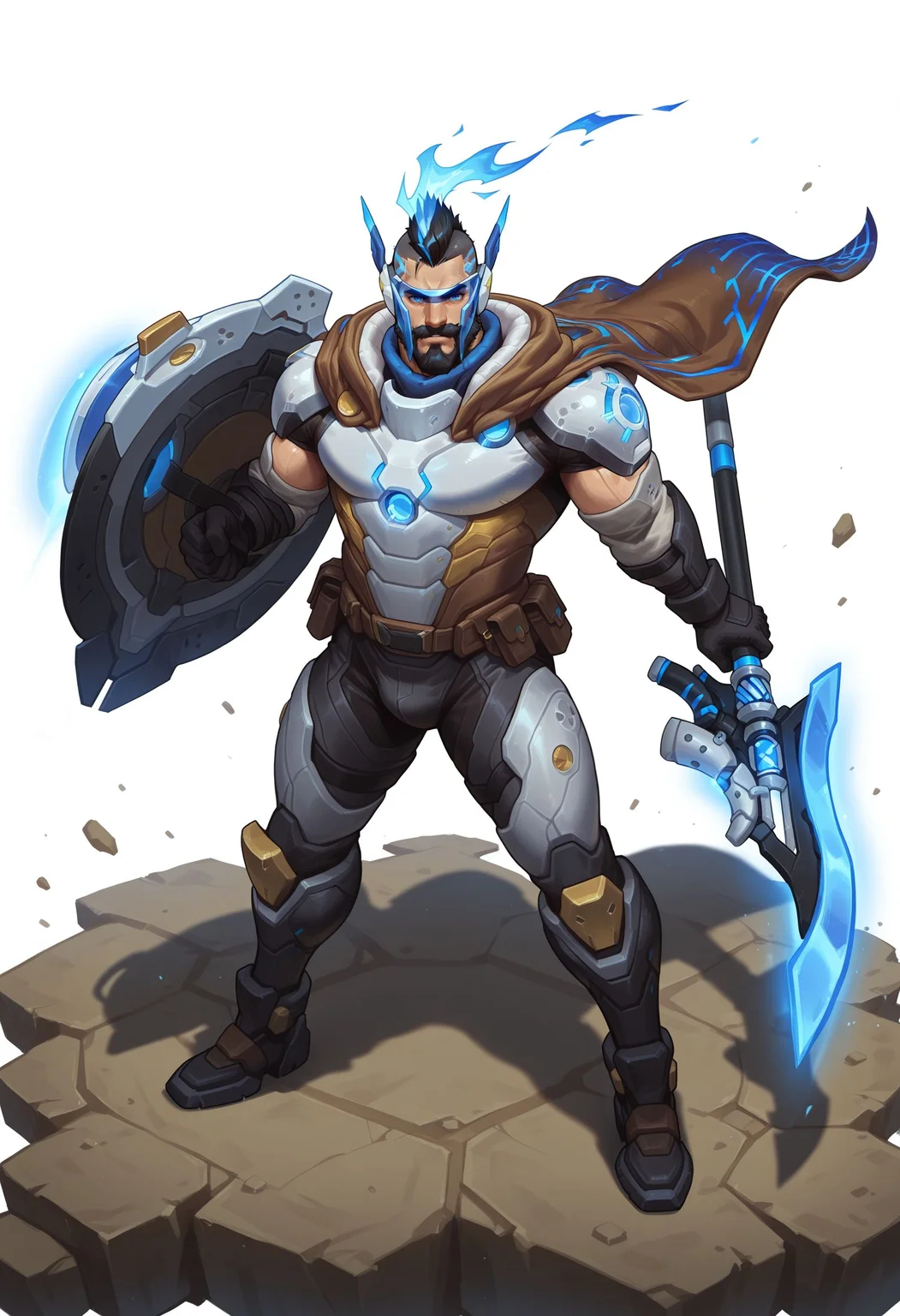 white background,simple background,
1boy,bara,male,solo,standing,looking at viewer,holding weapon,shield,
pulsefire_pantheon,mature male,blue eyes,black hair,mohawk,beard,mustache,
mecha,blue visor,blue crest,cape,blue crest,long crest,glowing crest,transparent crest,
broad shoulders,thick thighs,perfect anatomy,masterpiece,perfect quality,best quality,detailed,newest,very aesthetic,
<lora:hand 5.5:1>,<lora:4k:1>,<lora:pulsefire_pantheon:0.9>,, <lora:Expressive:0.8>,