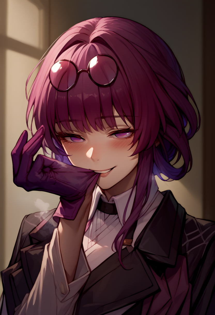 score_9, score_8_up, score_7_up, source_anime, 1girl, glove biting, mouth hold, <lora:AdjustingGlovesWithLips_XLPD:0.9>, upper body, <lora:Kafka_XLPD:0.9>, kafka, purple eyes, bangs, eyewear on head, collared white shirt, long sleeves, jacket on shoulders, black jacket, purple gloves, seductive smile, indoors, blush, steaming body,
