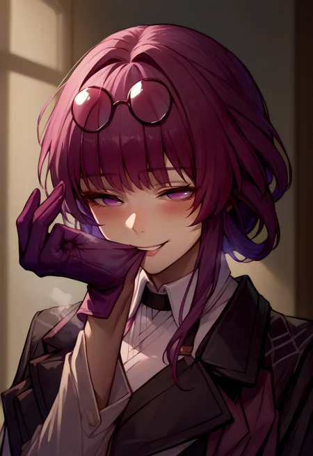 score_9, score_8_up, score_7_up, source_anime, 1girl, glove biting, mouth hold, <lora:AdjustingGlovesWithLips_XLPD:0.9>, upper body, <lora:Kafka_XLPD:0.9>, kafka, purple eyes, bangs, eyewear on head, collared white shirt, long sleeves, jacket on shoulders, black jacket, purple gloves, seductive smile, indoors, blush, steaming body,