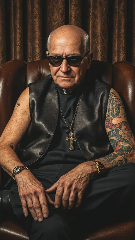 highly detailed, color photograph featuring an elderly man in a richly textured, dark setting. The man, who appears to be in his late 70s or early 80s, is seated in a leather armchair. He is dressed in a black, sleeveless leather vest, a black clergy collar, and a large, ornate crucifix necklace. His face is stern, and he wears dark sunglasses, adding a sense of mystery and authority. His right arm, which is resting on his lap, has a large, colorful tattoo of a snake, adding a touch of rebellion to his otherwise formal attire.
The man's skin is fair with a few age spots, and he has a bald head. He wears a gold watch on his left wrist and a ring on his right hand. A cigarette is held between his fingers, and a thin trail of smoke curls upward, adding an element of casualness to his otherwise serious demeanor.The background consists of dark, heavy curtains with a subtle pattern, creating a dramatic contrast with the man's light skin and dark clothing. The lighting is warm and soft, casting gentle shadows that enhance the texture of the leather and the man's features. The overall mood of the image is somber yet powerful, combining elements of authority,aidmaimageupgrader, aidmaMJ6.1 <lora:aidmaMJ6.1-FLUX-v0.5:0.7> <lora:aidmaImageUprader-FLUX-v0.3:0.4>