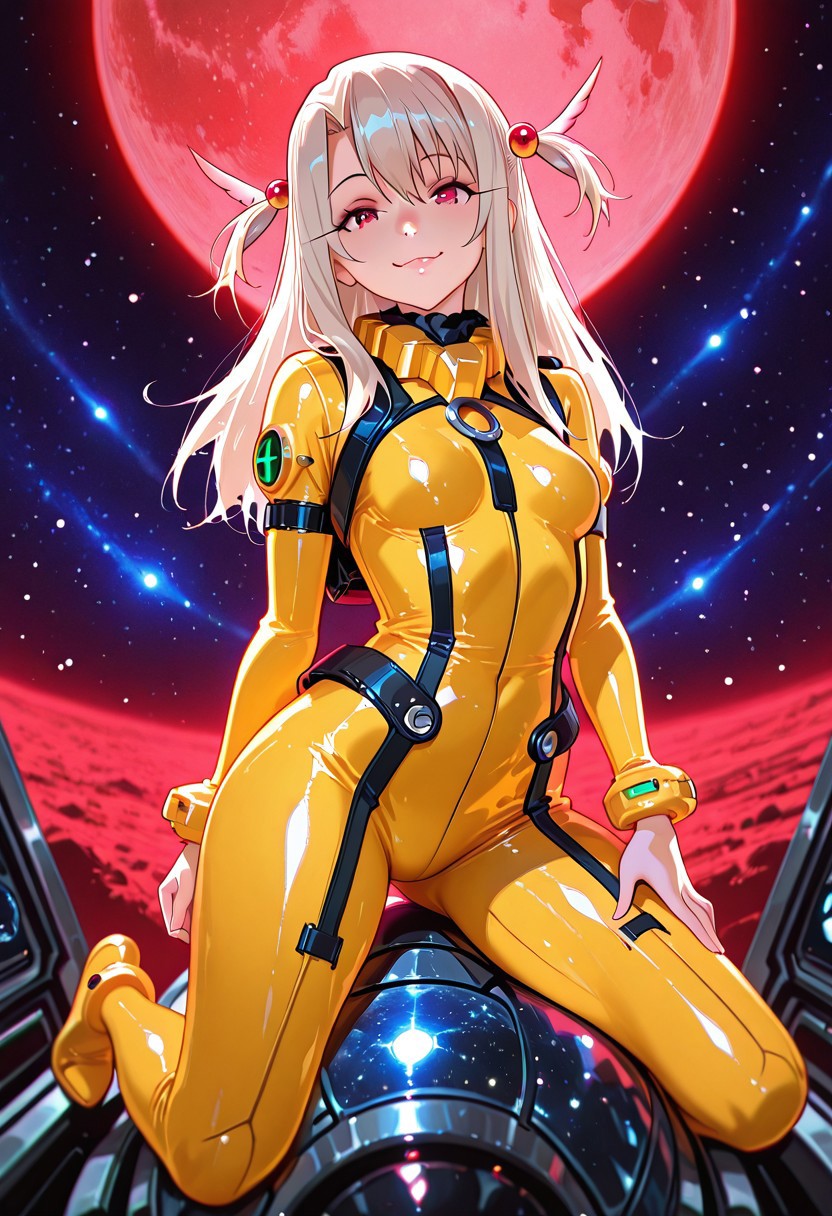 snegovski_style, CHAjott64_Style, hunn1bunn1 art style, (((illyasviel_von_einzbern)),1girl, full body, 1girl, solo female, mature female, full body, contrapposto,) (silver hair, red eyes, long hair, beautiful detailed red eyes, weird hair, evil smile, eyelashes, medium_breasts, (realistic:1), best quality, beautifully detailed face, can't be this cute, girl on top, delicate facial features, clean face, looking_at_viewer, ray tracing, DOF,HDR, hand_on_hip, two_side_up, standing, cowboy_shot,) (yellow suit, yellow pilot suit, yellow jumpsuit, yellow bodysuit, jacket, tactical gear, fully clothed, ) (outdoors, (night:1.1), glowing red moon background, planet in background, science fiction background, background, outdoor, space opera background, glowing, red moon, space ship background, space colony background, ilya kuvshinov, official art, futuristic background, colony drop background, space war background, mecha in background, fantasy background,) long hair, white hair, red eyes,patternbodysuit, bodysuit,Space Battle (blurry background, depth of field, bokeh:0.9)