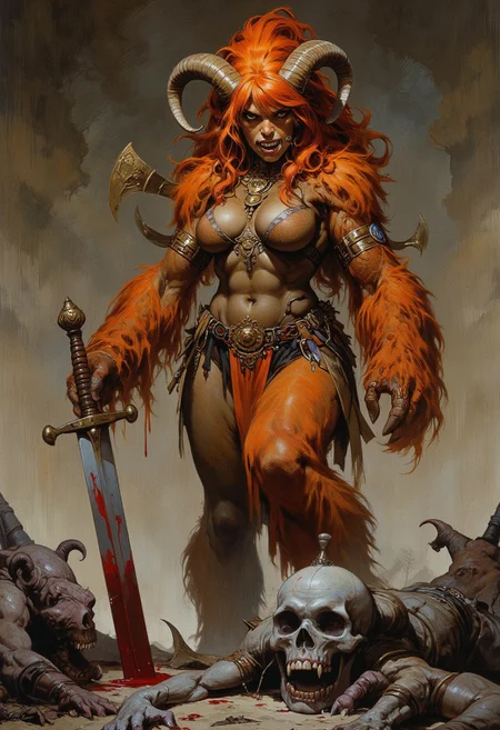 Niji Stan Katayama style Frank Frazetta fantasy oil painting of a fierce female troll wookie warrior wearing chainmail armor, she has frizzy auburn hair and fur, she is standing beside the corpses of her undead zombie enemies, beside her there is a bloody sword sticking into the ground, she has one hand on top of the swords pommel. The troll warrior is covered in thick red fur, she is extremely tall and muscular, ram horns on top of her head, vicious and fierce with large fangs