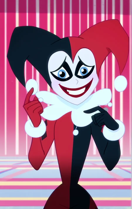 ((score_9)), score_8_up, ((high quality)), ((masterpiece)) BREAK
DCSG Style, HarleenQ, Harley Quinn, looking at viewer, smiling, good anatomy, five fingered hands, circus background<lora:DC_Superhero_Girls_2019:0.8>,<lora:pony_good_hands:0.8>