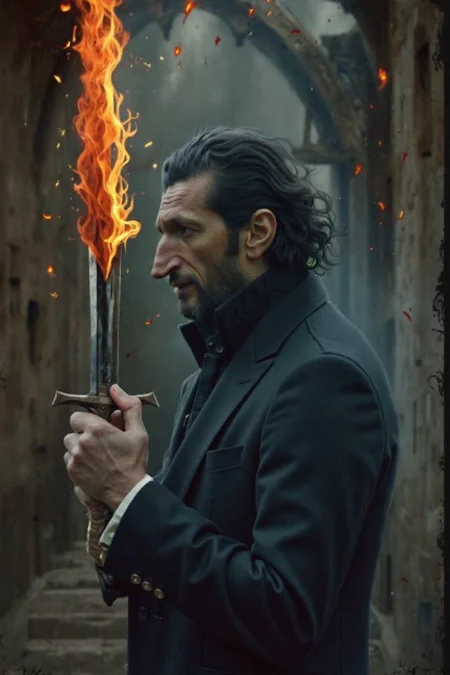 A sony_a7III professional style HD photo of Fares Fares, a man in a black suit white vest. His hands are rised hands grabbing holding a small metal long-dagger sword through the woods, surrounded by trees, far away shot, medium shot, profile picture, slicked back hair, medium-length hair, greenish tone, devilish face. Cinematic fantasy setting. Dark woods, scary.
ð¯
<lora:flux\my\Fares\Fares Fares Flux v1.safetensors:1.2:1.2>
<lora:flux\sports_photography_flux_000013300.safetensors:0.15:0.15>
<lora:flux\Sony_a7_III.safetensors:0.7000000000000001:0.7000000000000001>
<lora:flux\Anti-BlurFLUX.safetensors:0.2:0.2>
ð[LoRas Used]:  Fares Fares Flux v1 sports_photography_flux_000013300 Sony_a7_III Anti-BlurFLUX
ðï¸ [Inpainted with Loras]: flux1-depth-dev-lora
ð¯<lora:flux\loratools\flux1-depth-dev-lora.safetensors:0.75:0.75>