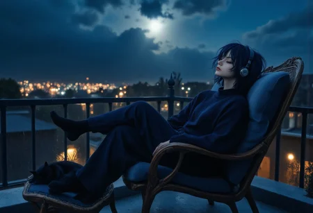 1girl, eyes closed, wearing headphone, black sweater, black pajama, black socks, resting in resting chair, roof top, side view, ((a black cat sleeping in lap)), ((a black dog sleeping near chair)), railing in background, blue moon amongst dark clouds, a tree outside near railing, FictionalOpal, alternative girl with messy navy blue hair, DarkAtmosCE style, highres, realistic, fhd, widescreen, moonlight,