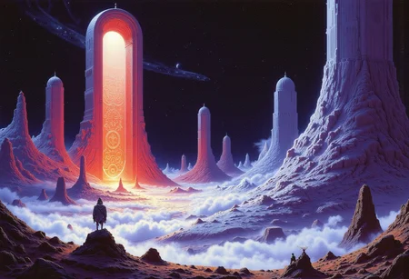 Neo-Futurism, Pop Art style A surreal, dreamlike landscape on a planet where gravity seems to bend and warp in impossible ways. Rolling hills made of misty, ethereal fog stretch towards the sky like giant, surreal sculptures. A lone, glowing portal rises from the heart of the landscape, its surface etched with cryptic symbols that seem to hold the secrets of the universe. The air is filled with the faint scent of stardust and the distant whispers of ancient civilizations <lora:sxz-Dark-Fantasy-v2-Flux:1> drkfnts style, deep tones, <lora:flux.1_lora_flyway_Epic-detail_v2:0.5> . Bright colors, bold outlines, popular culture themes, ironic or kitsch, high-tech, curves, spirals, flowing lines, idealistic future, Neo-Futurism