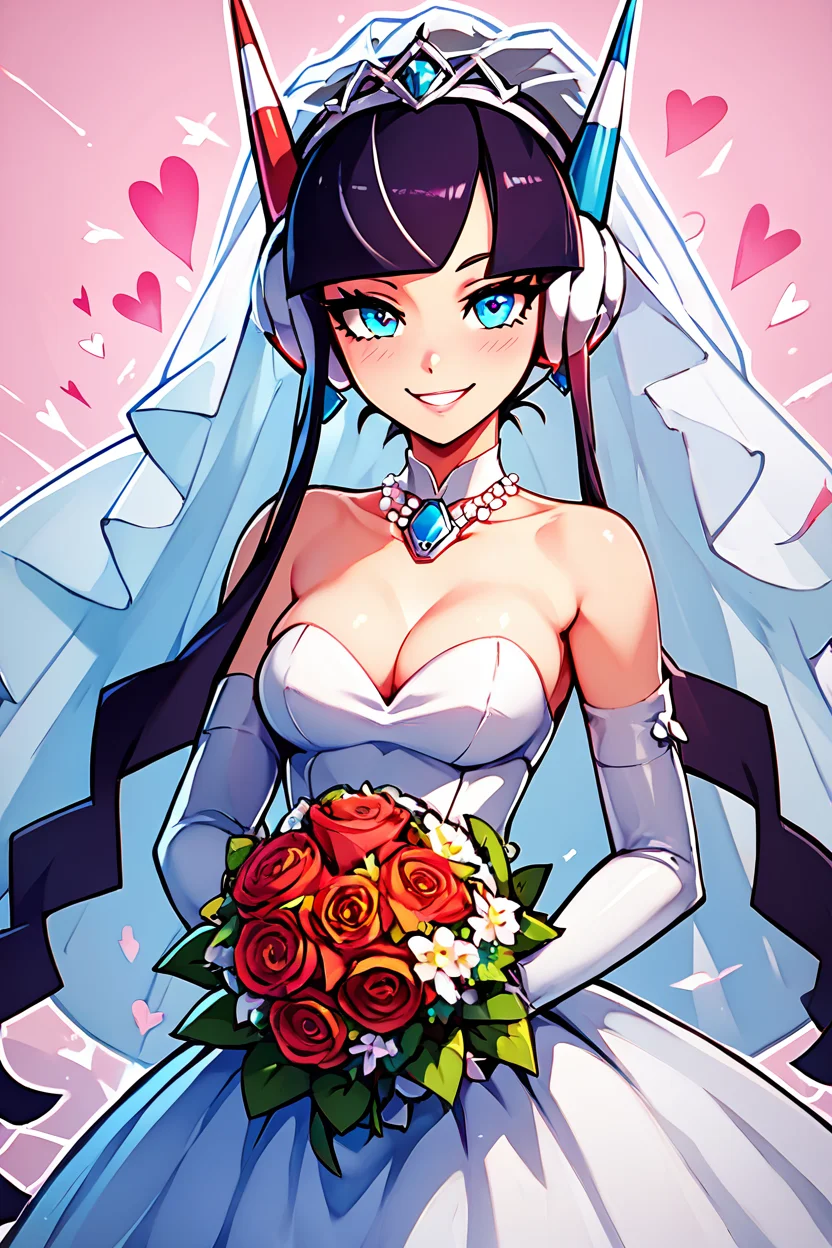 score_9, score_8_up, score_8, medium breasts, (curvy), cute, eyelashes, BREAK, , bbElesa, black hair, streaked hair, long sidelocks, blunt bangs, <lora:ElesaPokemonPDXL:0.7>,, BREAK, smile, looking at viewer, bride, wedding dress, bridal veil, strapless dress, elbow gloves, holding bouquet, hearts, white outline, cowboy shot, embedding:zPDXL, Expressiveh, <lora:CatalystStylePDXL:0.6>, <lora:SDXLFaeTastic2400:0.5>, <lora:Expressive_H-000001:0.4>,