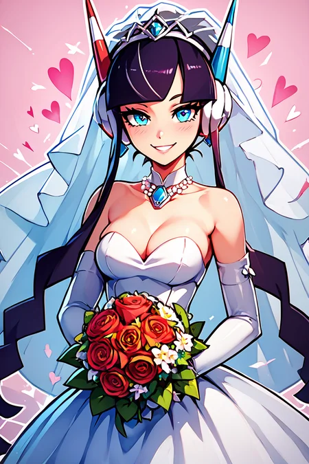 score_9, score_8_up, score_8, medium breasts, (curvy), cute, eyelashes, BREAK, , bbElesa, black hair, streaked hair, long sidelocks, blunt bangs, <lora:ElesaPokemonPDXL:0.7>,, BREAK, smile, looking at viewer, bride, wedding dress, bridal veil, strapless dress, elbow gloves, holding bouquet, hearts, white outline, cowboy shot, embedding:zPDXL, Expressiveh, <lora:CatalystStylePDXL:0.6>, <lora:SDXLFaeTastic2400:0.5>, <lora:Expressive_H-000001:0.4>,