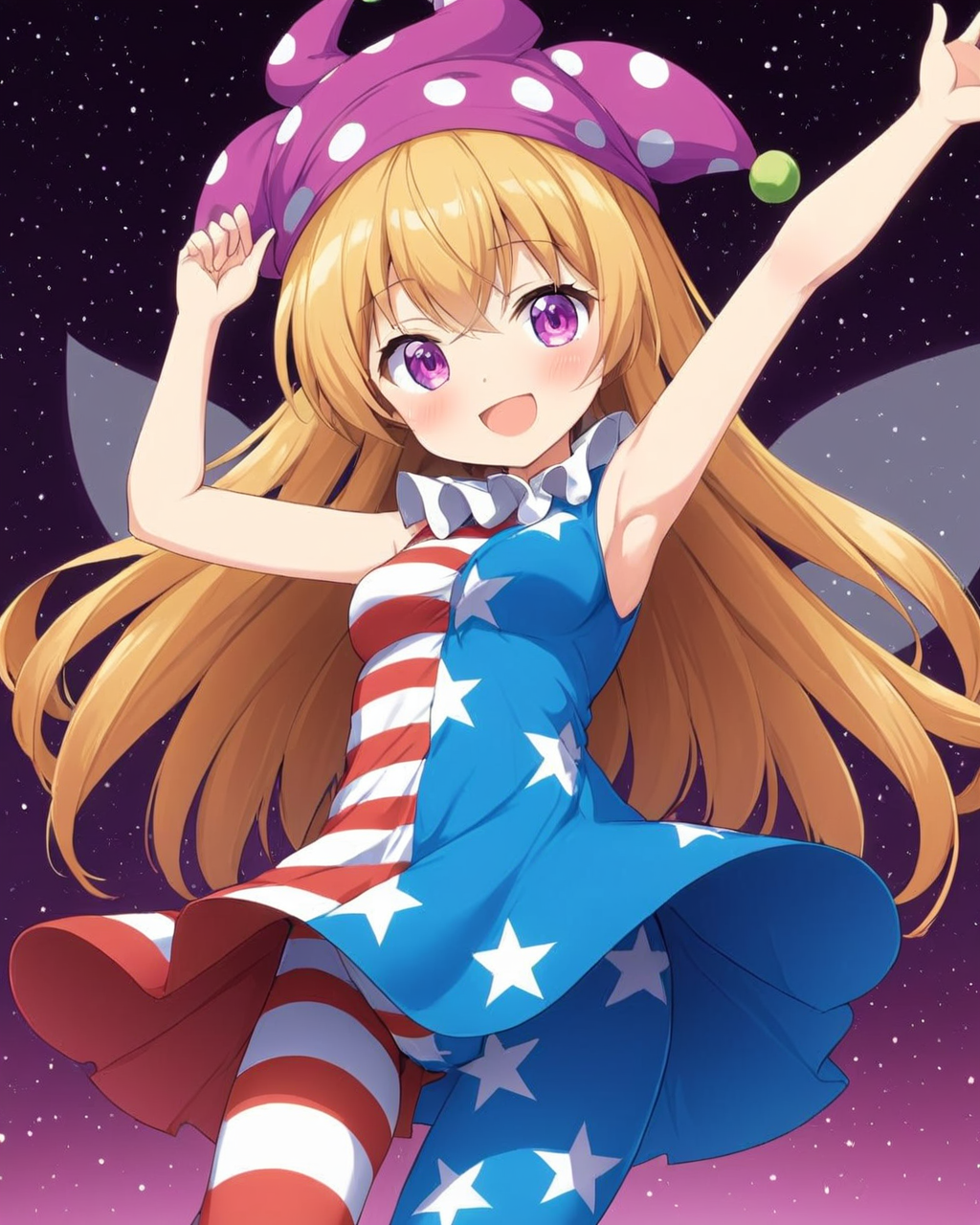 clownpiece,1girl, solo, jester_cap, american_flag_legwear, american_flag_dress, striped_pantyhose, open_mouth, smile, star_\(symbol\), armpits, looking_at_viewer, character_name, dress, polka_dot, blush, medium_breasts, arm_up
<lora:clownpiece_image6545_2023-12-20:1>,star-shaped_pupils,symbol-shaped_pupils,. gorgeous,key visual, vibrant, studio anime,award-winning, professional, highly detailed,high budget, cinemascope