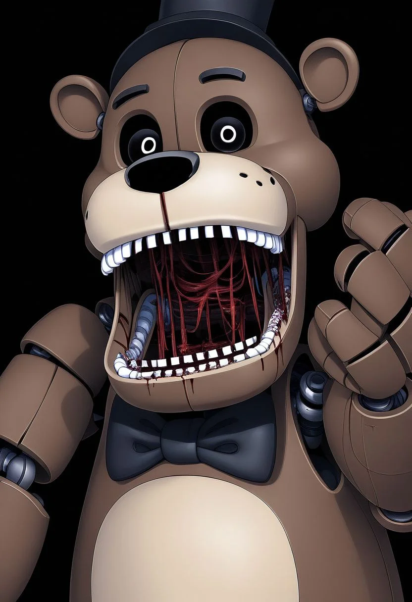 masterpiece, best details, best quality, freddy, black hat, black bowtie, brown skin, bear, robot, joints, black eyes, black sclera, open mouth, covered in blood, black background, ghosts, checkered floor