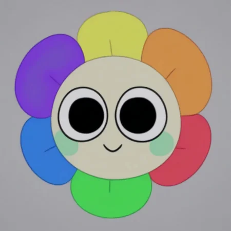 dandy, black eyes, blush stickers, rainbow flower, cartoony, solo, cute, adorable, white torso