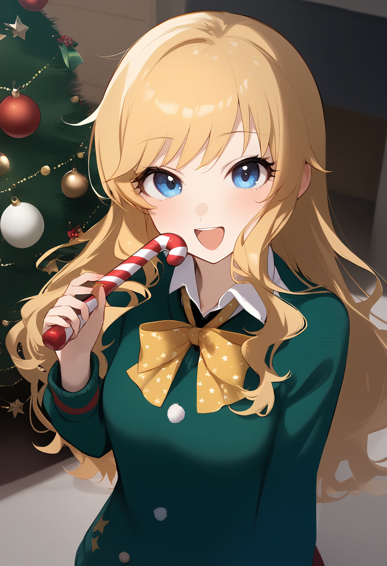 1girl,
ohtsuki yui,


solo, looking at viewer, blush, candy cane, smile, :d, blonde hair, neck ribbon, bow, star print, open mouth, long sleeves, sweater, holding food, candy, yellow bowtie, christmas, blue eyes, star \(symbol\), holding candy, holding candy cane, bowtie, holding, ribbon, wavy hair, christmas ornaments, upper body, green ribbon, christmas tree, long hair, green sweater, food, yellow bow,

sfw
<lora:a31_char_new_ohtsuki_yui:1> <lora:a31_style_koni-000010:0.8>
