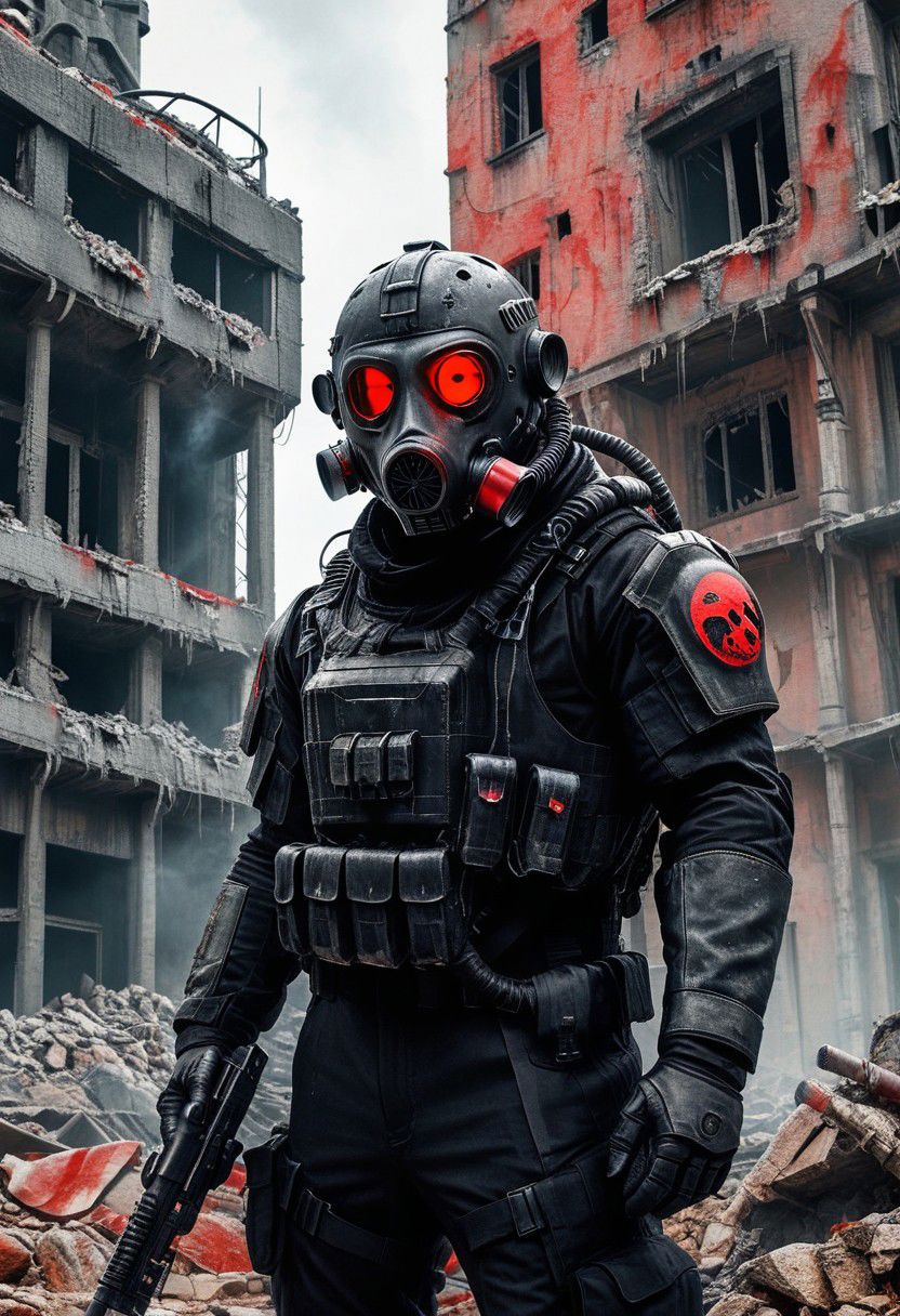 cinematic film still,live action jin-roh the wolf brigade,dystopic riot police officer wearing black power armor and a gas mask with glowing red eyes holding a flamethrower standing in a crumbling city with brutalist architecture and rubble,stalhelm,