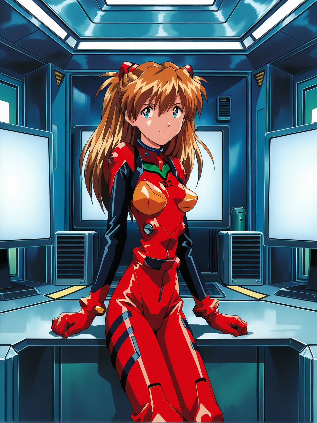 general,highres, ultra-detailed,very aesthetic,best quality ,best hands ,BREAK,
<lora:Yamashita_Toshinari_style_Illustrious_FW:1.3> ,ytfw, 1girl, souryuu asuka langley, red plugsuit, skindentation,  dynamic pose,  cowboy shot,   smile,  (monitor:1.3), futuristic, control room,1990s \(style\),retro artstyle,sitting