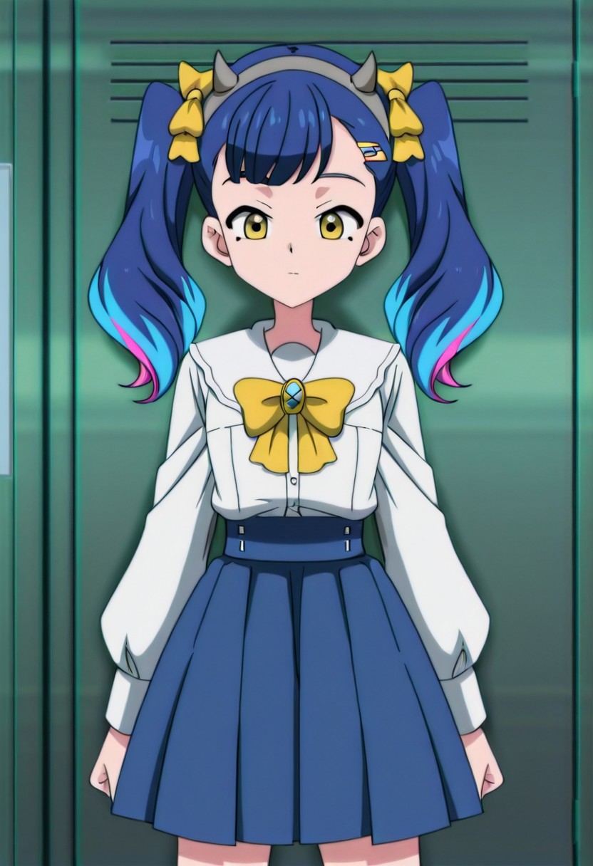 zPDXLx, mur4k4mi-ip,anime screencap,anime art style,beyblade series, beyblade x, nijiko, twintails, blue hair, horns, hair ornament, hairclip, fake horns, bow, yellow bow, hair bow, multicolored hair, yellow eyes, long hair, standing, skirt, girl focus