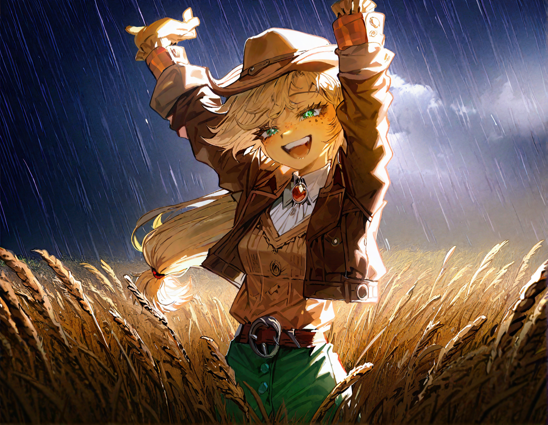 applejack , 1girl, blonde_hair , cloud ,colored_skin, furry, furry_female, long_hair,orange_skin ,outdoors, personification , solo, , wheat_field,Straw ,dot_nose, freckles, green_eyes , medium breast,
green_pants, jacket,long_hair, official_alternate_costume, open_jacket, pants, single_braid, yellow_shirt,adapted_costume , braid ,brooch ,brown_belt, brown_hat, brown_jacket, buttons, cowboy_hat ,detached_collar, knee_boots,  windy,  looking at viewer, rain, raining, storm, laughing , happy,dynamic pose, arms up,
rella, rolua,  quasarcake:0.8, negative space,  very awa,
masterpiece, best quality, Good quality, very aesthetic, absurdres, newest, (Perfect details),
<lora:ponyv5_noobV065S_1_adamW:0.8>, <lora:illustrious_noobai_epsilon_pred_1_best_quality_v1:0.7> ,<lora:illustrious_noobai_epsilon_pred_11_very_aesthetic_v1:0.7> ,<lora:illustrious_noobai_epsilon_pred_1_masterpieces_v1:0.7> , <lora:Straw_thread:1>