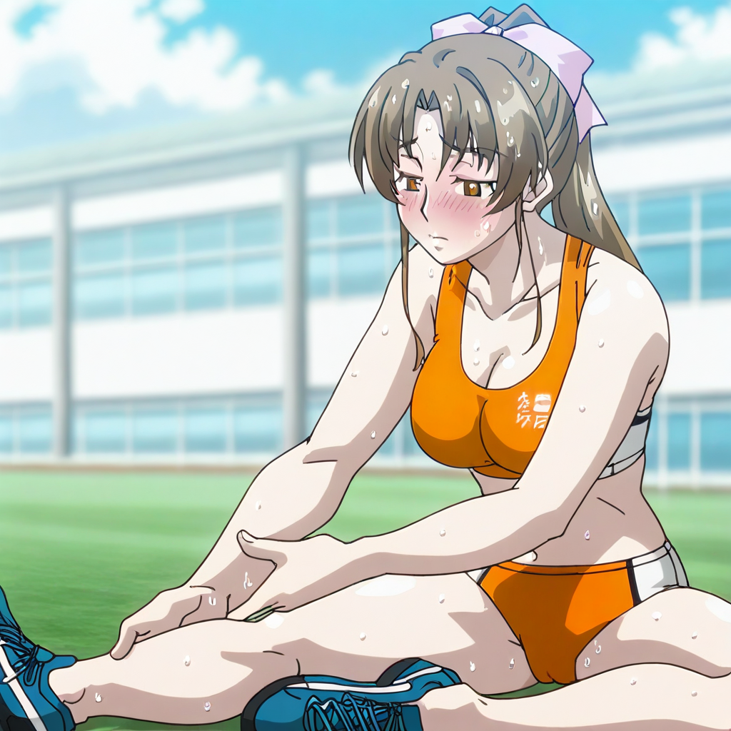 SH1ZUK4SUN0H4R4, an anime styled image,1girl, brown hair, ponytail, white bow, hair bow, brown eyes,, full-face_blush, medium breasts, solo, cleavage, facing viewer, stretching, running shoes, on ground, sitting, sweating, orange buruma, orange sports bra, sports bra, sports bikini, track uniform, standing, mature female, milf, masterpiece, best quality, good quality, newest, (day:1.7), Japan, Tokyo, CityView, outdoors, green grass, track, depth of field, dynamic