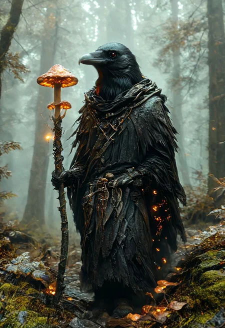 (masterpiece,best quality,ultra_detailed,highres,absurdres:1.2), DnD_Grainyboyz, rotated camera angle style,hknature,
BREAK
highly detailed photo of single black corvidfolk running through forest, (holding
glowing magic staff covered with shrooms:1.2), (fast running:1.3), motion blur, wearing brown robe, ((horror vibes:1.35)),
BREAK
moody forest,
detailed background, (ancient dence forest:1.2), rocks, fog, (dramatic light:1.25)
<lora:neg4all_bdsqlsz_xl_V9:2><lora:dynposes3870:1>
<lora:aidma-Image Upgrader-v0.1:1.5>