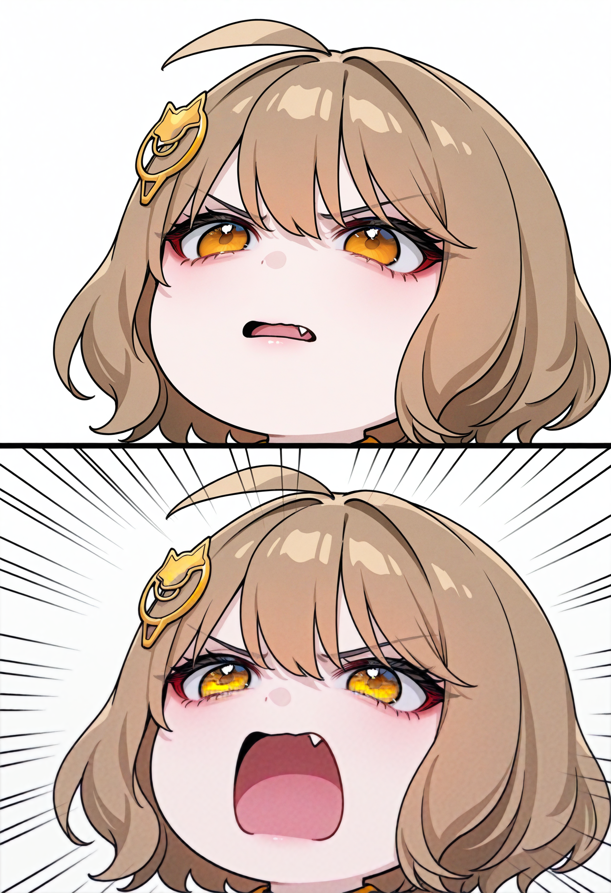 1girl, anis \(nikke\), angrydognoises, (aoi ogata:0.9), (ohisashiburi:0.8), (yabuki kentarou:0.7), emphasis lines, 2koma, comic, chibi, fang, parted lips, open mouth, angry, v-shaped eyebrows, white background, hair ornament, masterpiece, best quality, newest, absurdres, highres, very awa,<lora:illustrious/concept/Angry_Dog_Noises_Chibi_Meme_Concept_IllustriousXL_and_NoobAI-000015.safetensors:1.0>,