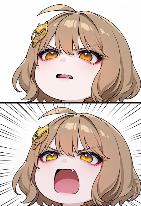 1girl, anis \(nikke\), angrydognoises, (aoi ogata:0.9), (ohisashiburi:0.8), (yabuki kentarou:0.7), emphasis lines, 2koma, comic, chibi, fang, parted lips, open mouth, angry, v-shaped eyebrows, white background, hair ornament, masterpiece, best quality, newest, absurdres, highres, very awa,<lora:illustrious/concept/Angry_Dog_Noises_Chibi_Meme_Concept_IllustriousXL_and_NoobAI-000015.safetensors:1.0>,