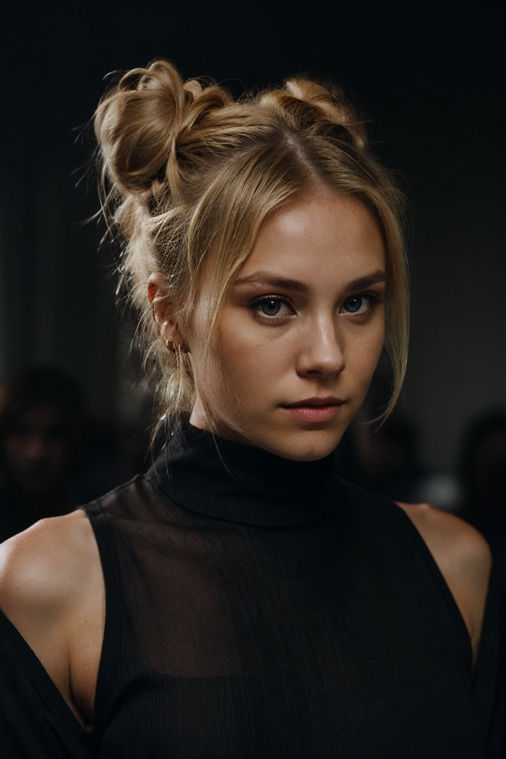 an eye contact of a blond with bun hair and dark theme