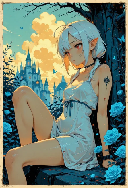 realistic, bright natural light, (limited palette, blue theme, yellow theme:1.2),
1girl,
masterpiece, best quality, amazing quality, very aesthetic, absurdres, hyper-detailed, 8k uhd, absolutely eye-catching,  ambient occlusion, raytracing, score_9, score_8_up, score_7_up, 
eyes,  two-tone hair, asymmetric bangs, low-twintails, ahoge, (plump:0.9), small breasts, (slim legs:1.1),
techwear, midriff, tattoo, glowing, sitting, knee up, close-up, dutch angle, face, foreshortening,
against tree, clear composition, butterfly, flower,
warm ambient lighting, soft shadows, volumetric lighting,
BREAK
(vampire),chain on neck,(best quality),(summer dress), (masterpiece),(border:1.2),(cute), 1girl, (long white hair,ash),expressionless,old castle,(red eyes),(pointy_ears),(red cumulonimbus cloud), eyes,sky,((blood)),(blue lighting),soft foucs,,(small breasts),backlight,(rose:0.9),(sad),<lora:cutescrap05v_cutescrap3:0.4>, <lora:animeLikeTarotCardArt_v10:0.6>