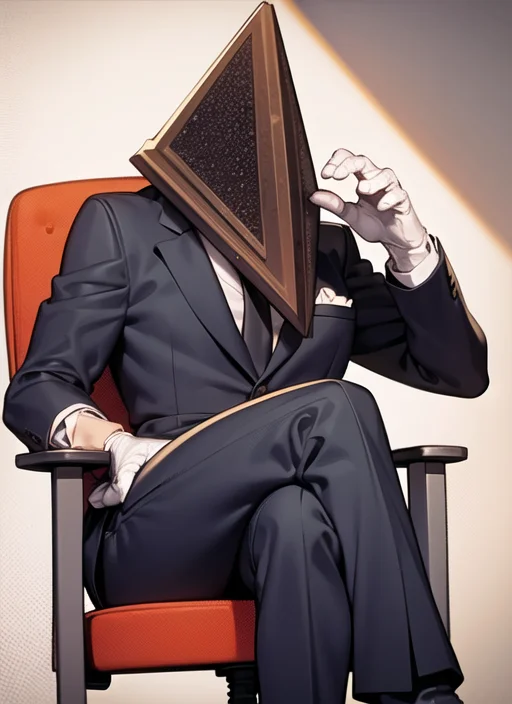 best quality, pyramid head, business suit, office chair, sitting, business suit, crossed legs <lora:pyramid head:1>