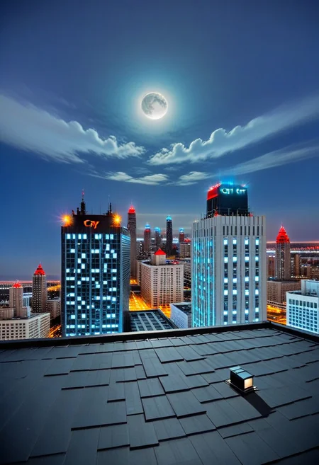sparse high-stratus clouds barely illuminated by the subdued light of the red-orange city lanterns, a dark purple halo near the bright moon, a square building with a black roof dotted with bright white windows, next to which to the right there is a square building with subdued black windows and only the bottom illuminated by a white lantern is visible, between these two buildings and behind the first white one another building with white windows is visible, above the black building rises somewhere half as high a building with a white and turquoise mesh of burning windows, above this building a red LED is already visible, to the right of the black unlit building a little in the distance stands a building 25 percent lower, 75 percent thinner, with a black roof along the perimeter of which an LED strip is laid and in each corner of the roof there is a bright blue LED, this is a smaller building elongated forward, behind which on the horizon a gray building with a black stripe in the middle is visible. and even further two rectangular buildings with light turquoise windows. To the right of the dark building, you can see the blue roof of a skyscraper, square, twice as big in area, behind it stands a rectangular skyscraper with unlit windows, barely illuminated by the blue and white light of the street, the bottom of the street is dotted with yellow city lights that look more like pixels than anything specific.