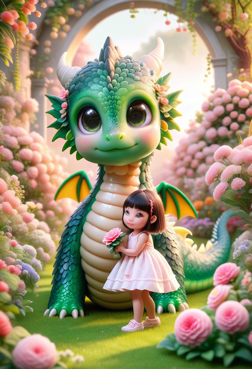 pet dragon plays with a cute girl in a blooming garden