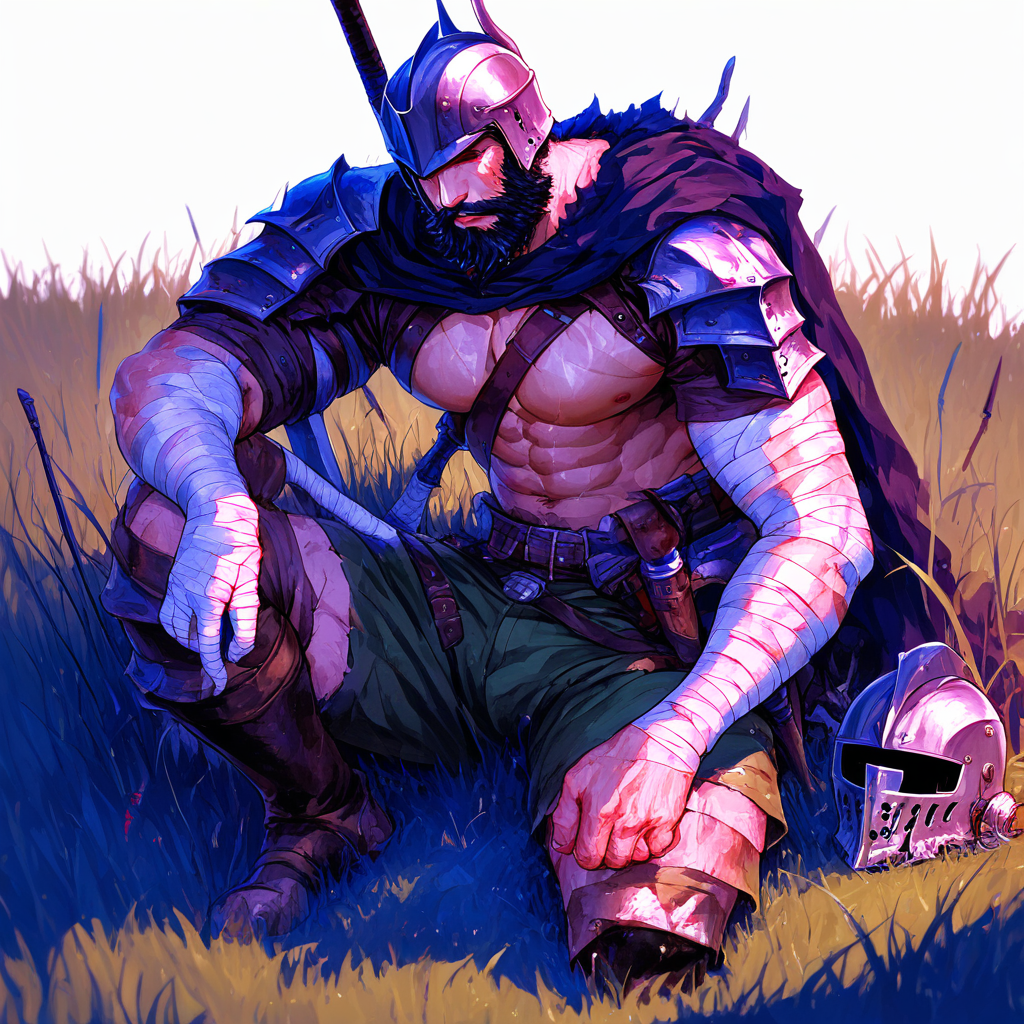 grass, shorts, planted, helmet, weapon, solo, male focus, pectorals, bandages, lips, beard