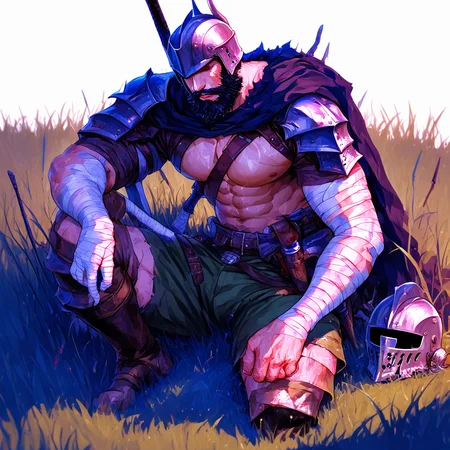 grass, shorts, planted, helmet, weapon, solo, male focus, pectorals, bandages, lips, beard