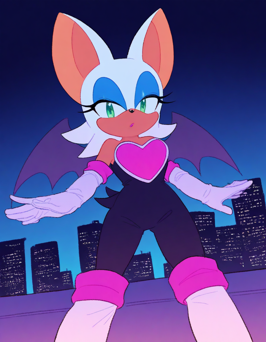 , <lora:rouge-the-bat-illustriousxl-lora-nochekaiser:1>, rouge, animal ears, bat ears, bat girl, bat tail, bat wings, eyeliner, furry, furry female, green eyes, makeup, tail, white hair, wings, eyeshadow,, bare shoulders, boots, elbow gloves, gloves, heart, knee boots, white footwear, white gloves,, city skyline, rooftop view, night time, city lights, quiet reflection, , from below, looking at viewer, solo,, dutch angle, cowboy shot