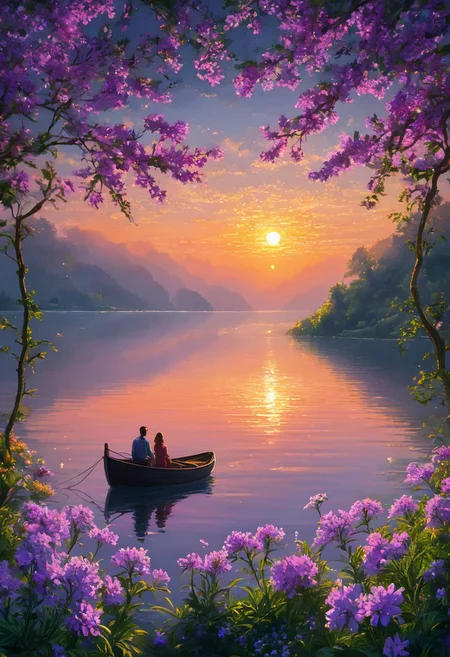 Detailed background (1men, 1 gilr, in love, calm spring morning landscape), amidst lush vegetation, beautiful view, creeping phlox in bloom, early morning, sunrise sky, beautiful clouds, dappled sunlight, outdoor seating, a lamp, calm lake, boat on a lake, couple in love in a boat , depth of field, masterpiece, best quality, ultra-detailed, very aesthetic, illustration, perfect composition, intricate details, absurd, atmospheric lighting, streaks of light
Masterpiece, vibrant colors, very detailed, midjourneyv6.1, Light Painting, detail background, flowers