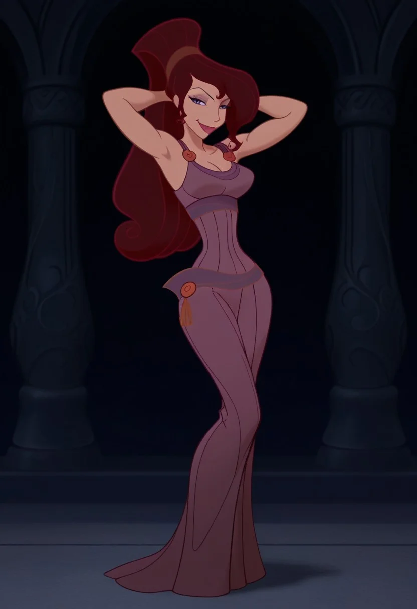 1girl, masterpiece, best quality, amazing quality, absurdres, <lora:Megara__Illustrious:1> m3g4r4, megara (hercules disney), long hair, tied hair, brown hair, purple eyes, purple Greek dress, cleavage, sexy makeup, lipstick, smiling, full body, arms behind head,,
BREAK,
(toned:1.4), slim fit, flirty smile, closed mouth, soft abs,( biceps:0.7), skindentation