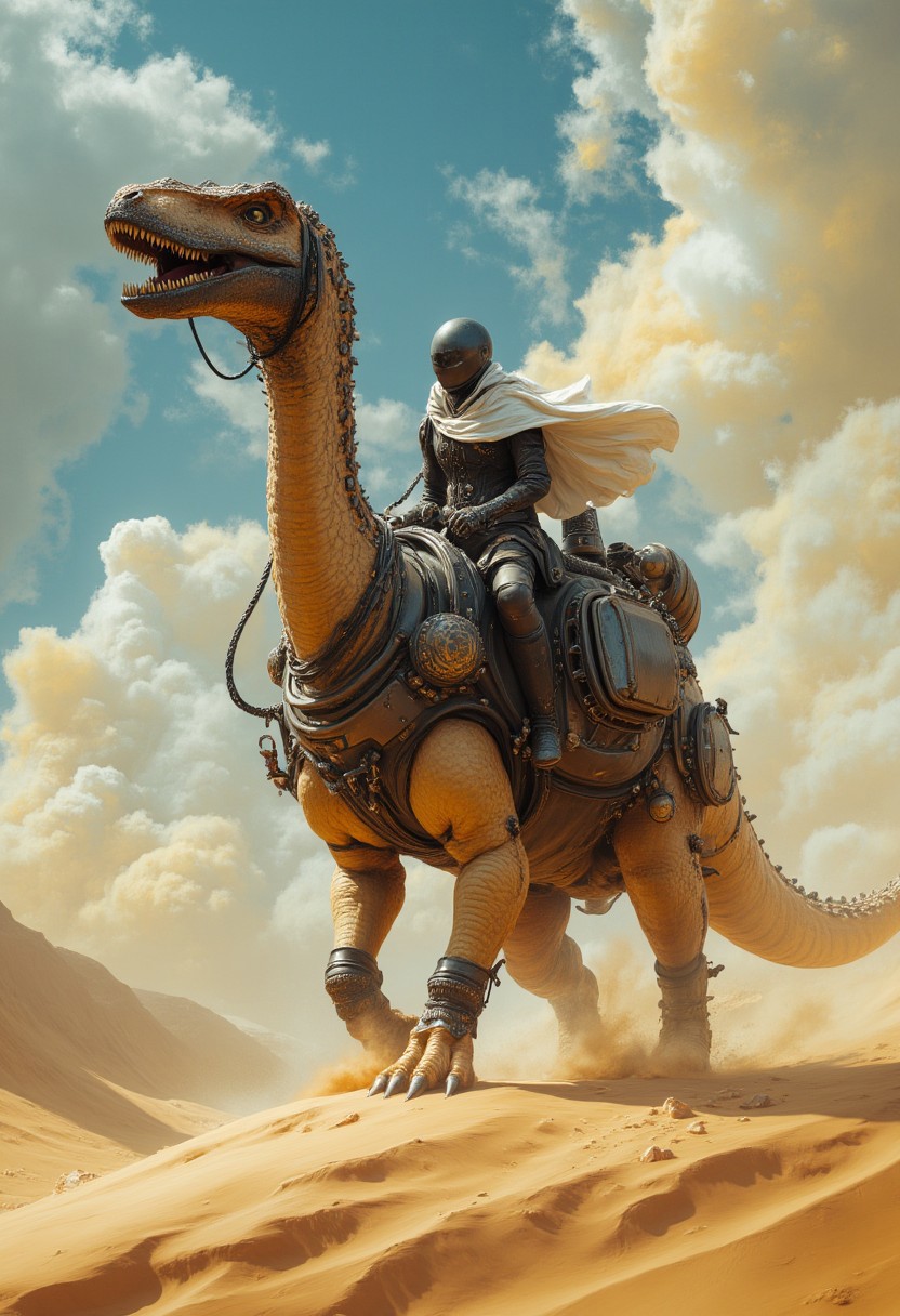 highly detailed cinematic scene, A lone adventurer rides a large, armored sauropod-like dinosaur across a vast desert. The adventurer, clad in dark metallic armor and a flowing white cloak, is fully covered by a visor helmet. The dinosaur is heavily armored with mechanical attachments, including a large spherical device on its back and pipes along its spine. Its pale, textured beige skin highlights its movement. The background features swirling clouds in blue, yellow, and orange above sweeping sand dunes. The rich, warm tones evoke a sense of adventure, post-apocalyptic world
