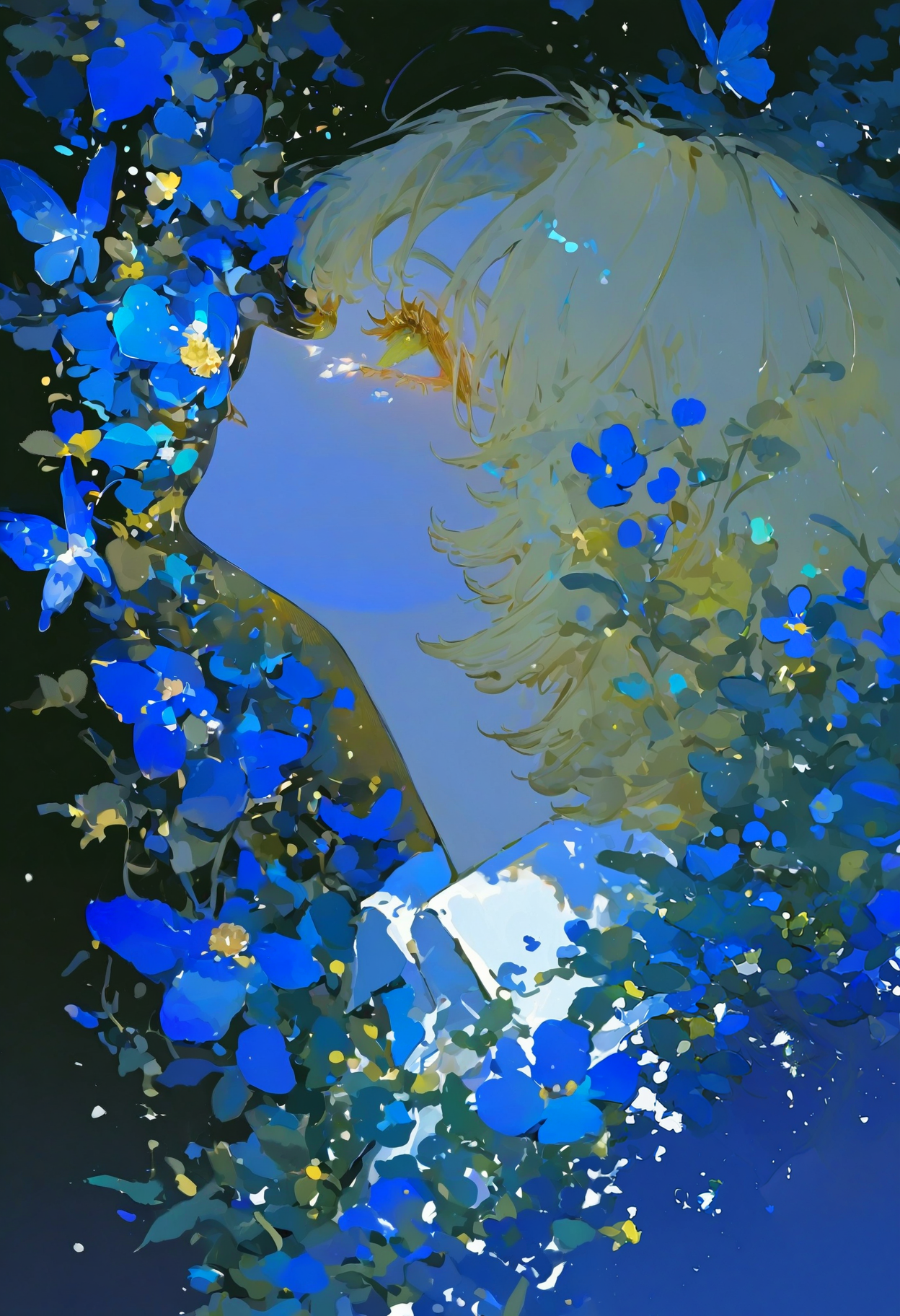 <lora:MF9fMTFYeA==-noobaiXLNAIXL_epsilonPred_V110_V1-CAME>, MF9f, solo, black background, 1girl, blue flower, blonde hair, flower, looking up, shirt, upper body, collared shirt, short hair, profile, simple background, butterfly, from side, cropped torso, green eyes, white shirt, bug, eyelashes, blue theme, blue butterfly, parted lips, yellow eyes