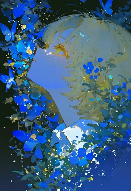 <lora:MF9fMTFYeA==-noobaiXLNAIXL_epsilonPred_V110_V1-CAME>, MF9f, solo, black background, 1girl, blue flower, blonde hair, flower, looking up, shirt, upper body, collared shirt, short hair, profile, simple background, butterfly, from side, cropped torso, green eyes, white shirt, bug, eyelashes, blue theme, blue butterfly, parted lips, yellow eyes
