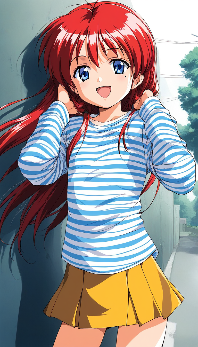 score_9, score_8_up, score_7_up, source_anime, rating_explicit, BREAK  <lora:Hinomoto_Hikari_XL:0.9> Hinomoto_Hikari, solo, red hair, long hair, blue eyes,  bangs, ã1990s \(style\), short stack, flat chest,
mole under eyeã
1girl, solo, long hair,  striped, long sleeves,  open mouth,  striped shirt, 
shirt, smile, skirt, standing,
looking at viewer, 
outdoor, day, sky,
cowboy_Shot,