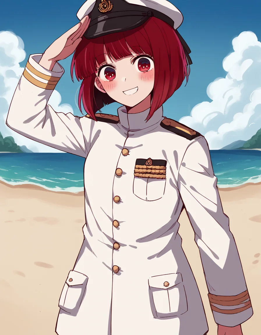 score_9, score_8_up, score_7_up, source_anime, kanaarima, <lora:kana-arima-s1-ponyxl-lora-nochekaiser:1>, kana arima, short hair, bangs, red eyes, red hair, bob cut,, <lora:kancolle-admiral-cosplay-ponyxl-lora-nochekaiser:1>, kancolle admiral cosplay, admiral (kancolle) (cosplay), naval uniform, cosplay, military uniform, military, peaked cap,, beach, salute, blush, smile, cowboy shot, looking at viewer,