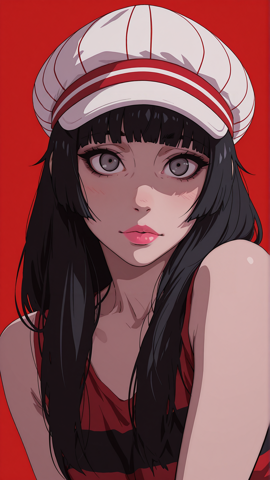 1girl, <lora:add-detail-xl:1>, khe201,
masterpiece,best quality,
Anime-style portrait, close-up shot, young woman, sharp gaze, straight black hair, blunt bangs, white cap, striped cap, red stripes, modern fashion, sleeveless red top, soft pink lips, expressive grey eyes, minimalistic background, bold contrast, striking red theme, smooth shading, high-detail, semi-realistic anime, vibrant color palette, cel-shaded style, digital illustration, inspired by Ilya Kuvshinov and Studio Trigger aesthetic <lora:Style_Khexxi_Illustrious-XLNoobAI-XL:0.8>