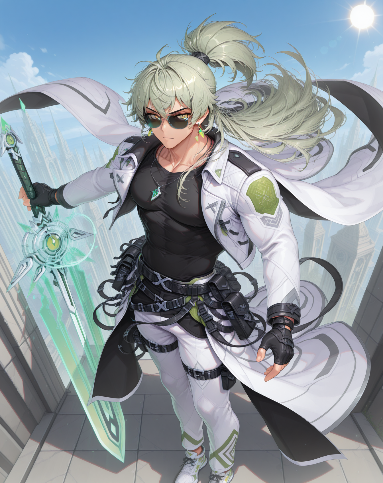masterpiece, amazing quality, best quality, absurdres, very aesthetic,
1boy, solo, yaoi, male focus, full body, from above, standing, looking at viewer, face focus,
<lora:Zero_FSI_ilxl:1> zerofsi, green hair, ponytail, yellow eyes, sunglasses, muscular male, toned male,
fingerless gloves, white jacket, black shirt, white coat, black gloves, white pants, shoes, white footwear, floating hair, belt pouch, long sleeves, open clothes, tinted eyewear, floating clothes, multiple belts, sneakers, earrings, black belt, thigh belt, thigh strap, jewelry, necklace, 
holding weapon, holding sword,
outdoors, day, blue sky, sun,