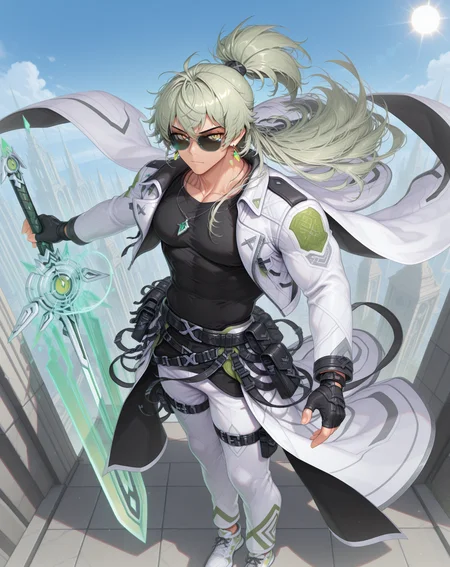 masterpiece, amazing quality, best quality, absurdres, very aesthetic,
1boy, solo, yaoi, male focus, full body, from above, standing, looking at viewer, face focus,
<lora:Zero_FSI_ilxl:1> zerofsi, green hair, ponytail, yellow eyes, sunglasses, muscular male, toned male,
fingerless gloves, white jacket, black shirt, white coat, black gloves, white pants, shoes, white footwear, floating hair, belt pouch, long sleeves, open clothes, tinted eyewear, floating clothes, multiple belts, sneakers, earrings, black belt, thigh belt, thigh strap, jewelry, necklace,
holding weapon, holding sword,
outdoors, day, blue sky, sun,