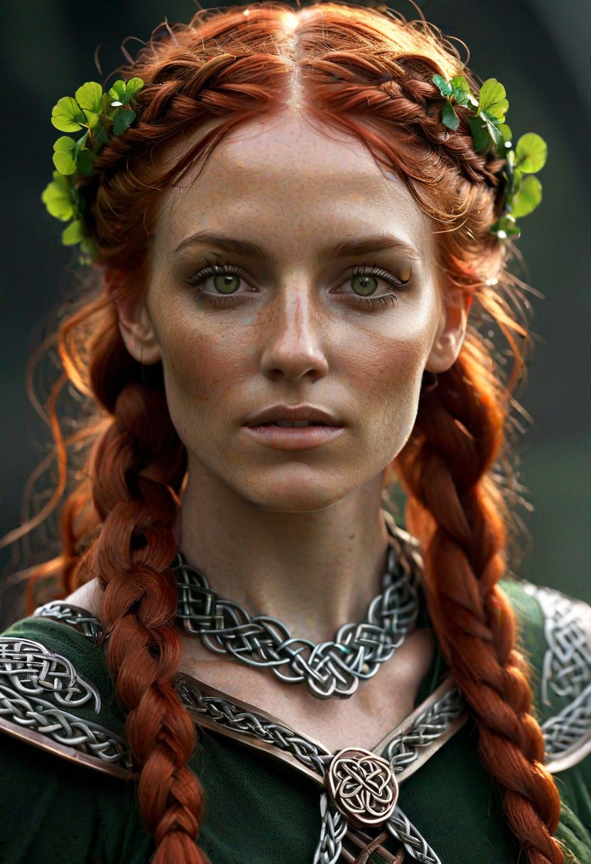 red hair woman, celtic warrior queen, intricate celtic braids with shamrocks woven in, photorealistic, detailed eyes, strong jawline, dramatic lighting, high cheekbones, soft smile