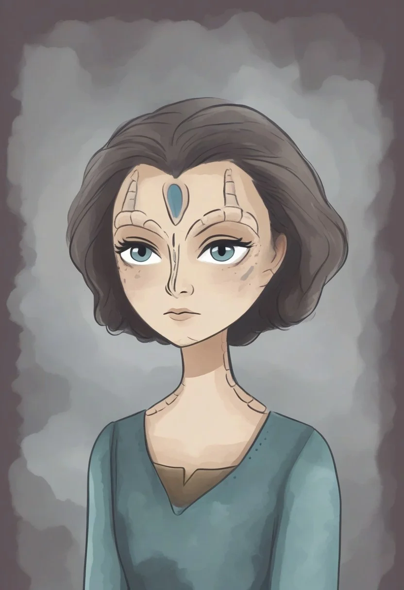 novuschroma57 style flat color cartoon vector of a female c4rd45514nalien, forehead crest, grey skin, ridges, scales, cleavage